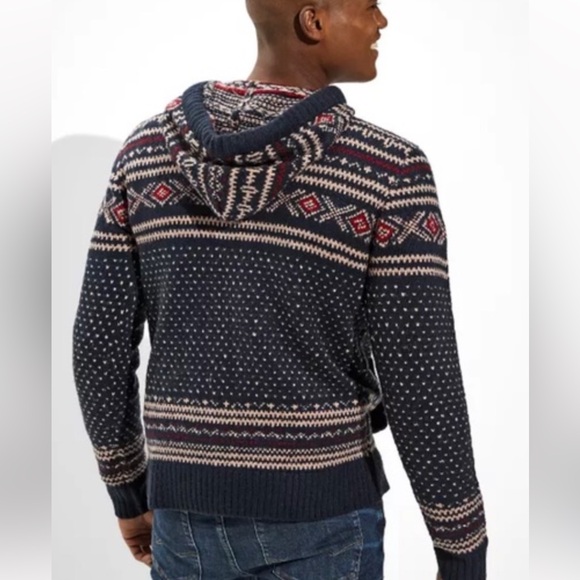 American Eagle Men's Navy Birdseye Fairisle Hoodie Sweater Size Lg - Picture 4 of 10